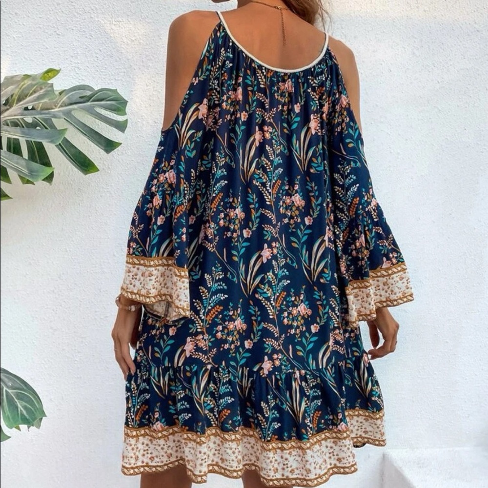 Boho Gypsy Floral Print Cold Off Drop Shoulder Tassel Dress - Picture 2 of 7